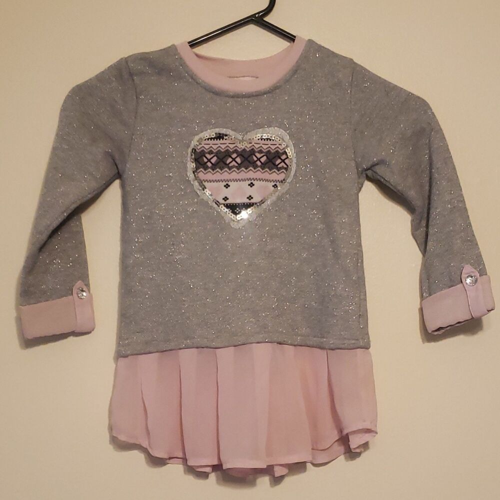 Little Lass Sequin lined Heart Gray and Pink  Layered Long Sleeve Girls Size 6X